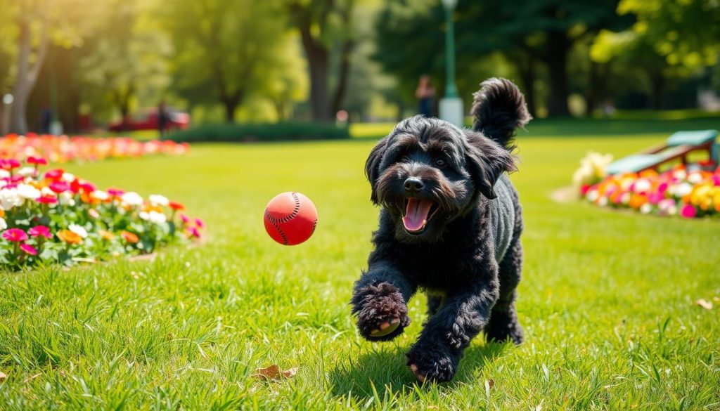 Black Goldendoodle playing fetch