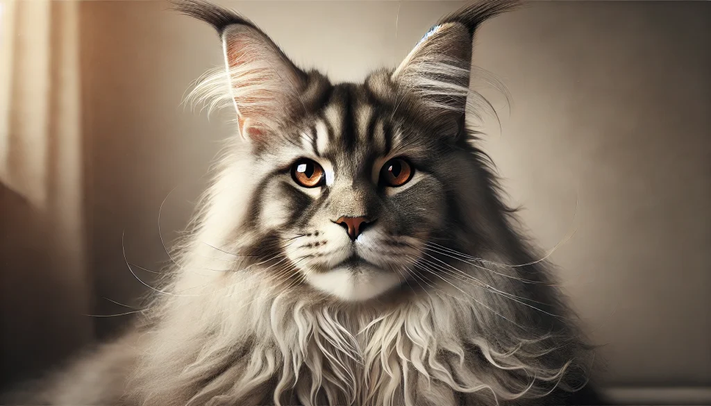 Majestic Maine Coon with a stunning silver coat and expressive amber eyes, showcasing the breed's signature beauty and elegance.






