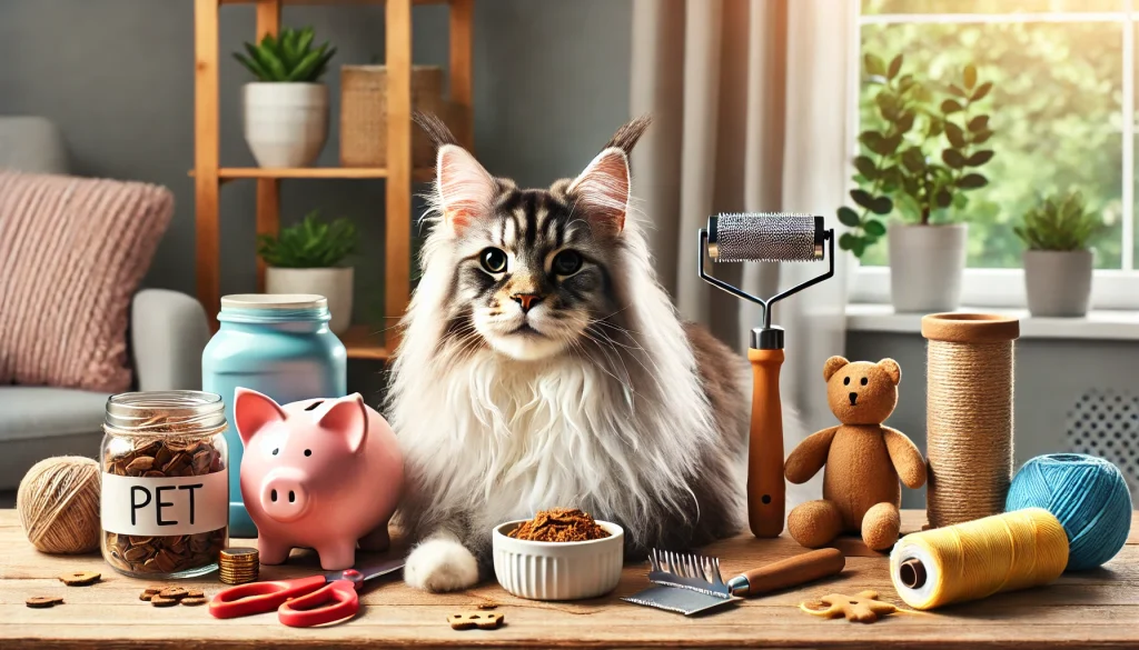 Maine Coon cat with pet care essentials like grooming tools, treats, a piggy bank, and toys, representing the costs and supplies involved in Maine Coon ownership.