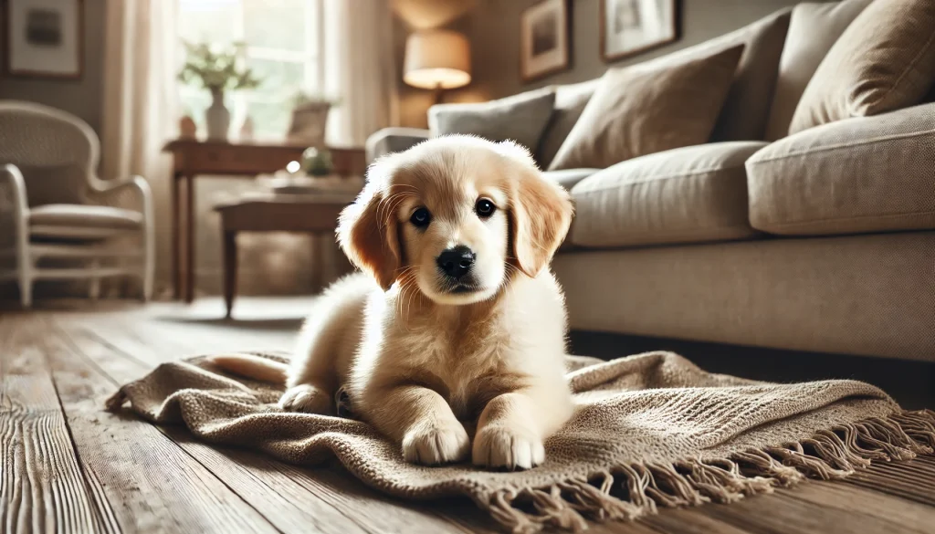 Golden Retriever puppy for sale lying on a cozy blanket in a warm, inviting living room.