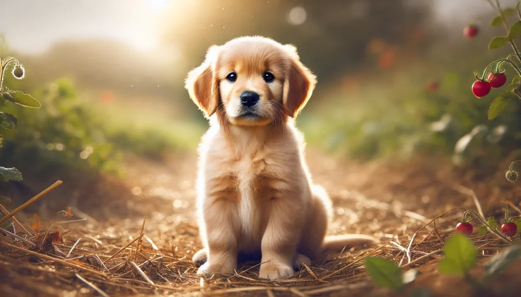 Mini golden retriever puppy sitting outdoors on a farm path surrounded by plants and soft sunlight, capturing a peaceful and natural setting.