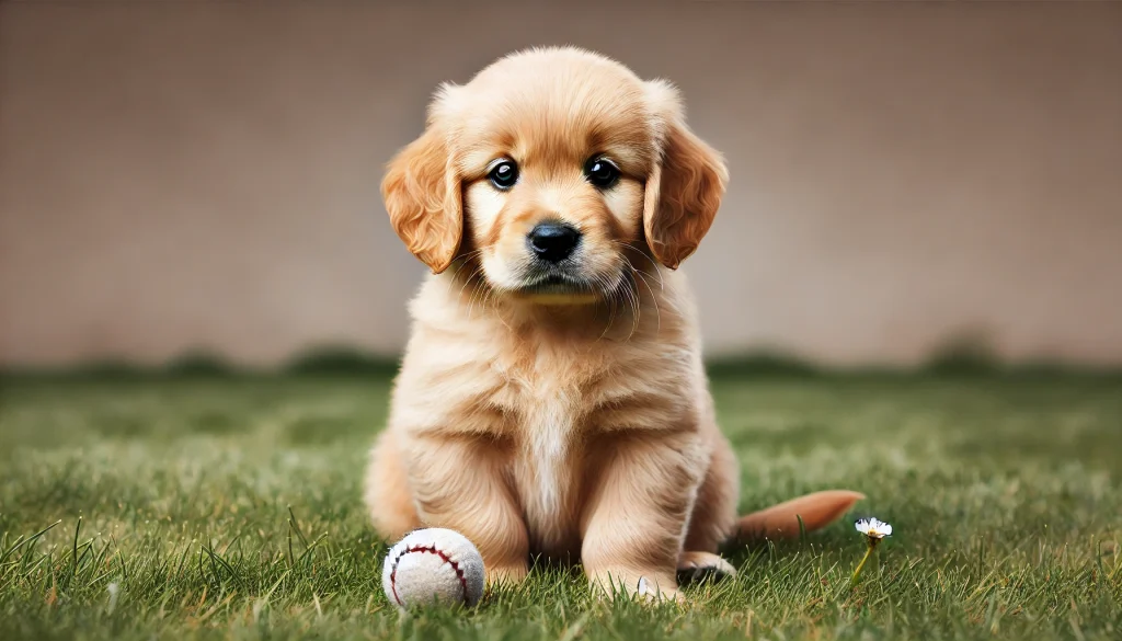 Mini golden retriever puppy sitting on grass with a small ball, showcasing its playful and adorable nature in an outdoor setting.