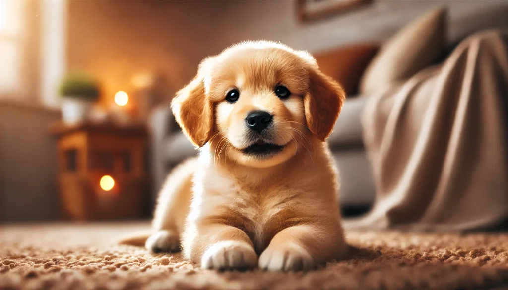 Mini golden retriever puppy lying on a cozy rug in a warm, softly lit living room, capturing a relaxed and homely atmosphere.