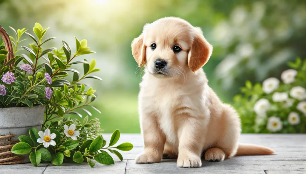 Mini golden retriever puppy sitting outdoors on a wooden surface next to vibrant potted plants, showcasing its gentle and curious nature.