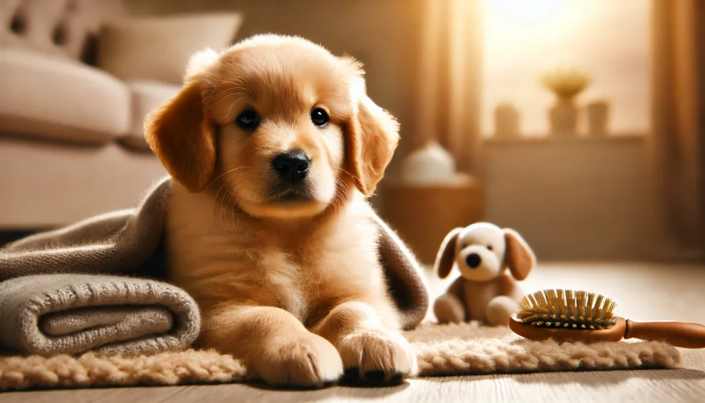 Mini golden retriever puppy lying on a cozy rug with a blanket and grooming brush nearby, creating a warm and comfortable indoor setting.