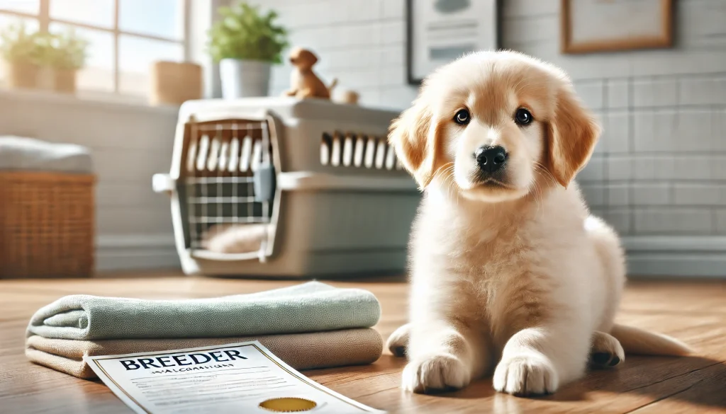 Mini golden retriever puppy sitting on a wooden floor beside a breeder certificate and folded blanket, with a crate in the background, highlighting its gentle and well-bred nature.