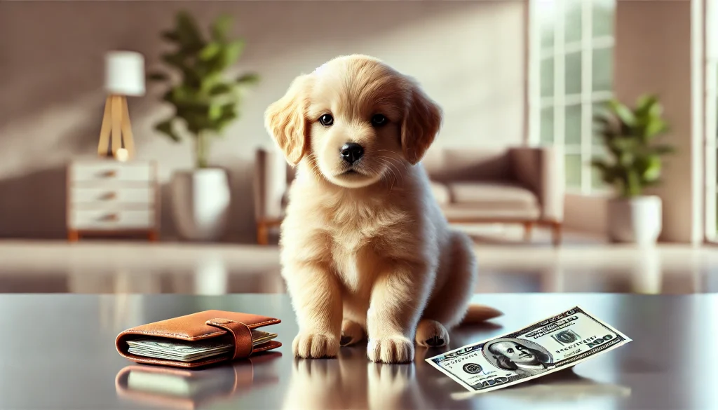 Mini golden retriever puppy sitting on a table with a wallet and a hundred-dollar bill, symbolizing the cost and investment of owning a mini golden retriever.