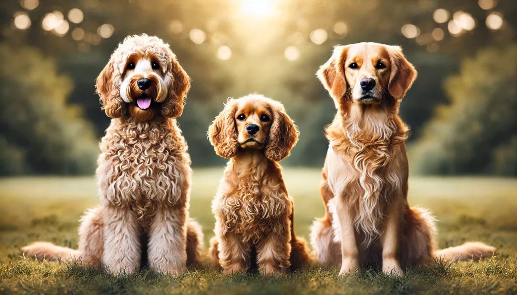 Mini golden retriever sitting outdoors between a goldendoodle and a golden retriever, illustrating size and breed variations in a natural setting.