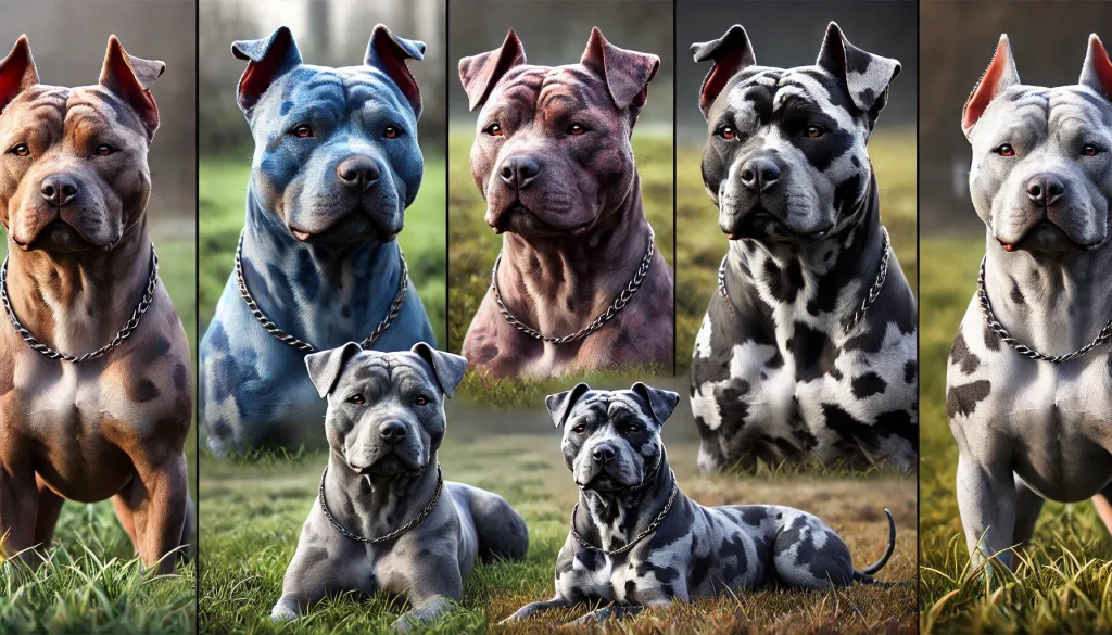 Photorealistic image featuring four Merle Pitbulls in a grassy field, each displaying a unique coat pattern: blue Merle, red Merle, black Merle, and lilac Merle.