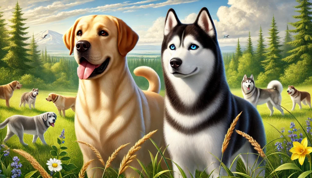 A Labrador Husky Mix and a Siberian Husky standing side by side in a natural, outdoor setting, showing both breeds’ distinct coats and personalities.