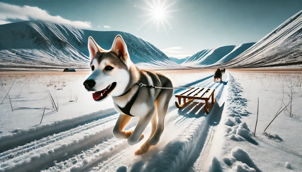 A Labrador Husky Mix dog pulling a sled across a vast snow-covered landscape, showcasing its strength and working nature.