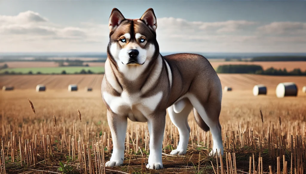 A Labrador Husky Mix dog with a muscular build and thick fur standing proudly in a green open field, showing its impressive size and appearance.