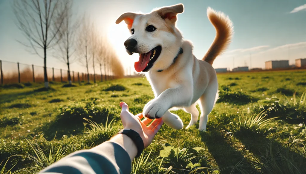 A Labrador Husky Mix dog with a playful expression interacting with a group of people in a park, showing its friendly and energetic personality.