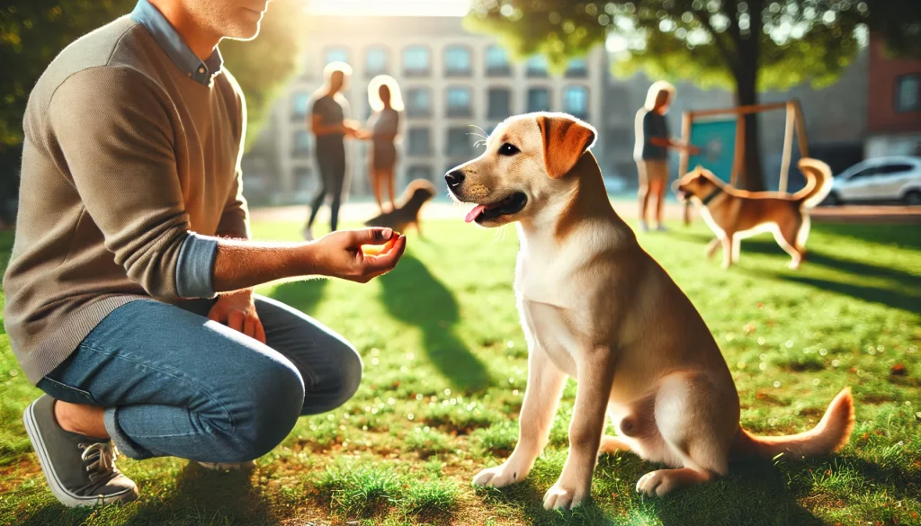 A Labrador Husky Mix dog sitting calmly while being trained by its owner in a sunny park, showing its intelligence and willingness to learn.
