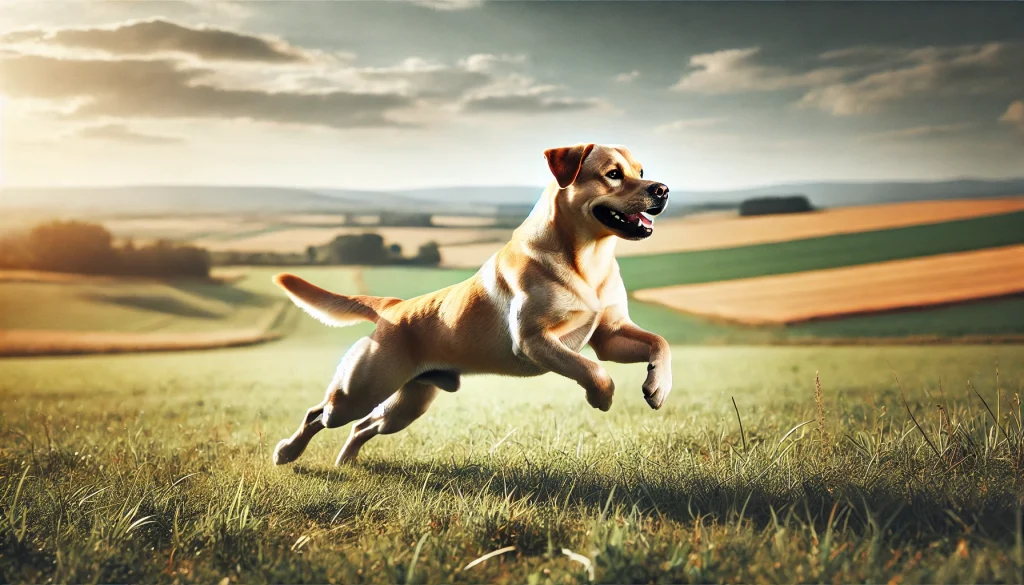 A Labrador Husky Mix dog running energetically across a vast open field with its tail wagging, reflecting its need for exercise and active lifestyle.