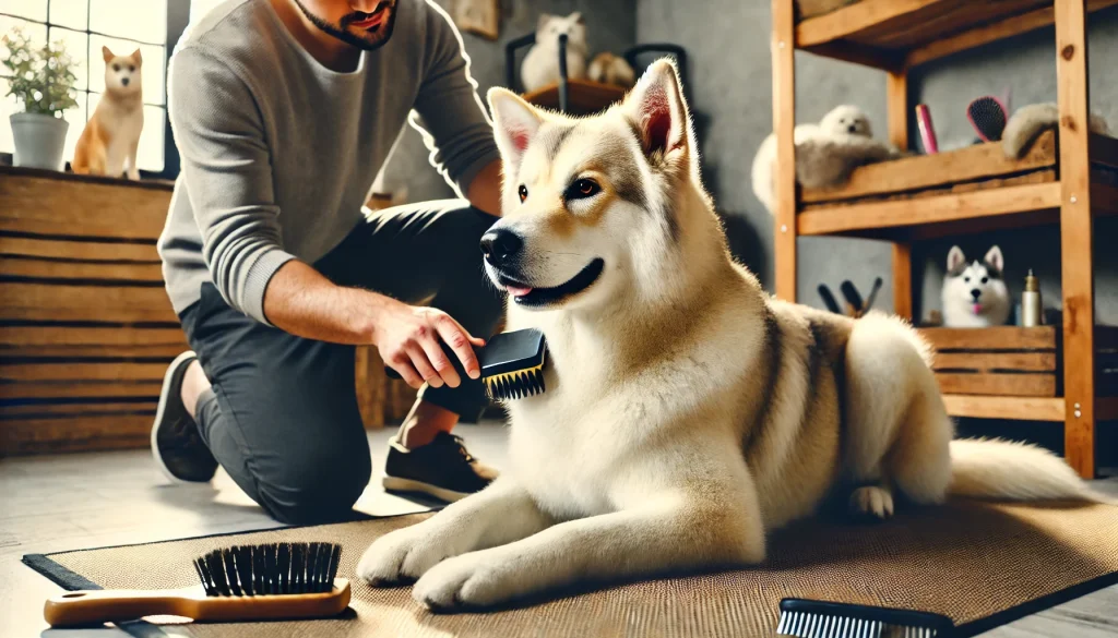 A Labrador Husky Mix dog sitting calmly while its owner brushes its thick, dense fur in a cozy indoor setting, emphasizing the importance of grooming.