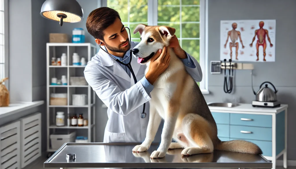 A Labrador Husky Mix dog calmly being examined by a veterinarian in a professional clinic, with the vet checking its ears and eyes for health monitoring.