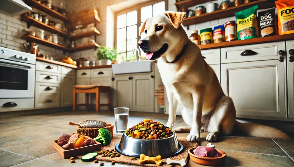 A Labrador Husky Mix dog eagerly eating a nutritious meal of kibble, vegetables, and meat in a well-lit kitchen, showing the importance of a balanced diet.