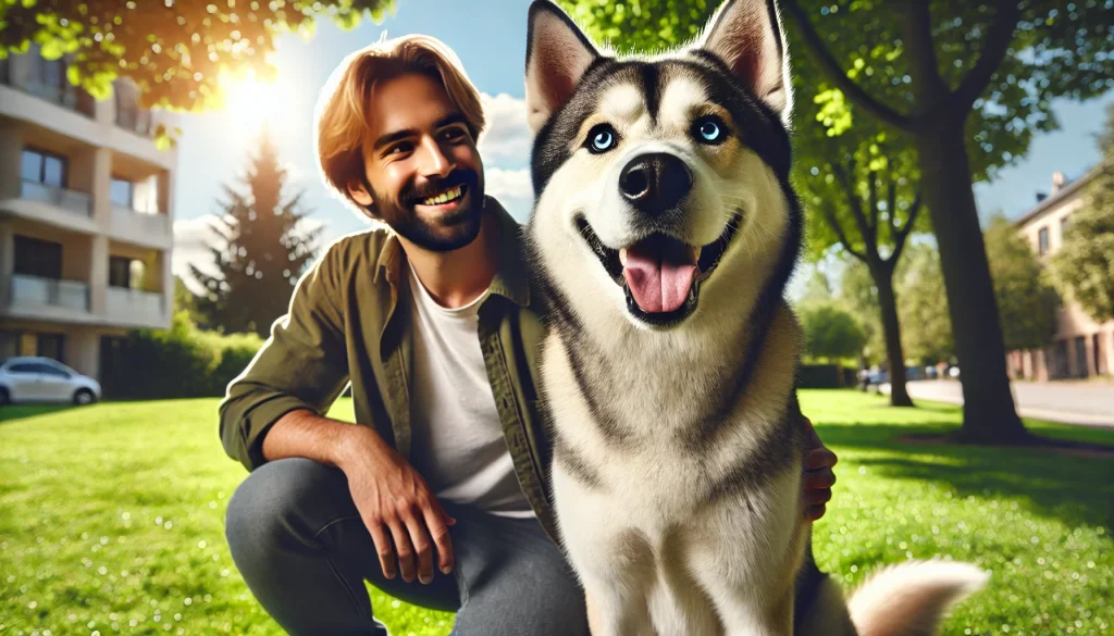 A Labrador Husky Mix dog sitting happily next to a person in a peaceful park, highlighting the bond between the dog and its owner.
