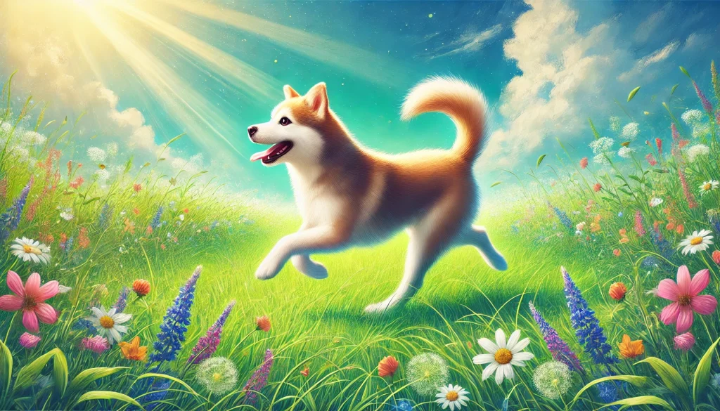 A Labrador Husky Mix dog running joyfully through a lush green field, showcasing its vitality and energy, symbolizing a long, healthy life.