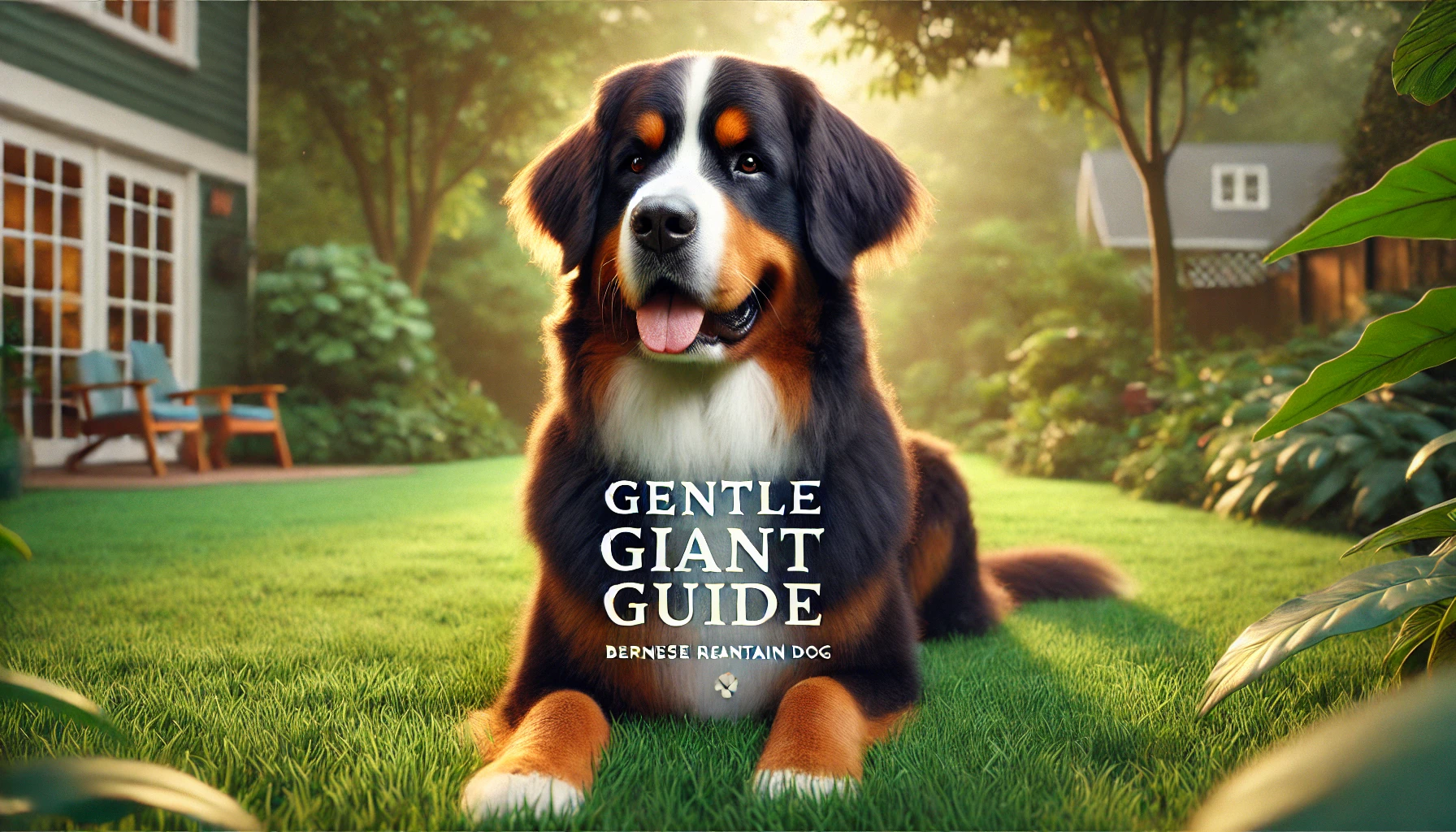 Bernese Mountain Dog and Golden Retriever Mix lounging outdoors with a happy, friendly demeanor.