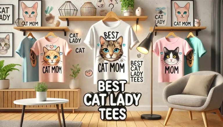 Colorful display of childless cat lady t-shirts with cat face designs and 'Best Cat Mom' text, hanging in a cozy room with cat-themed decor.