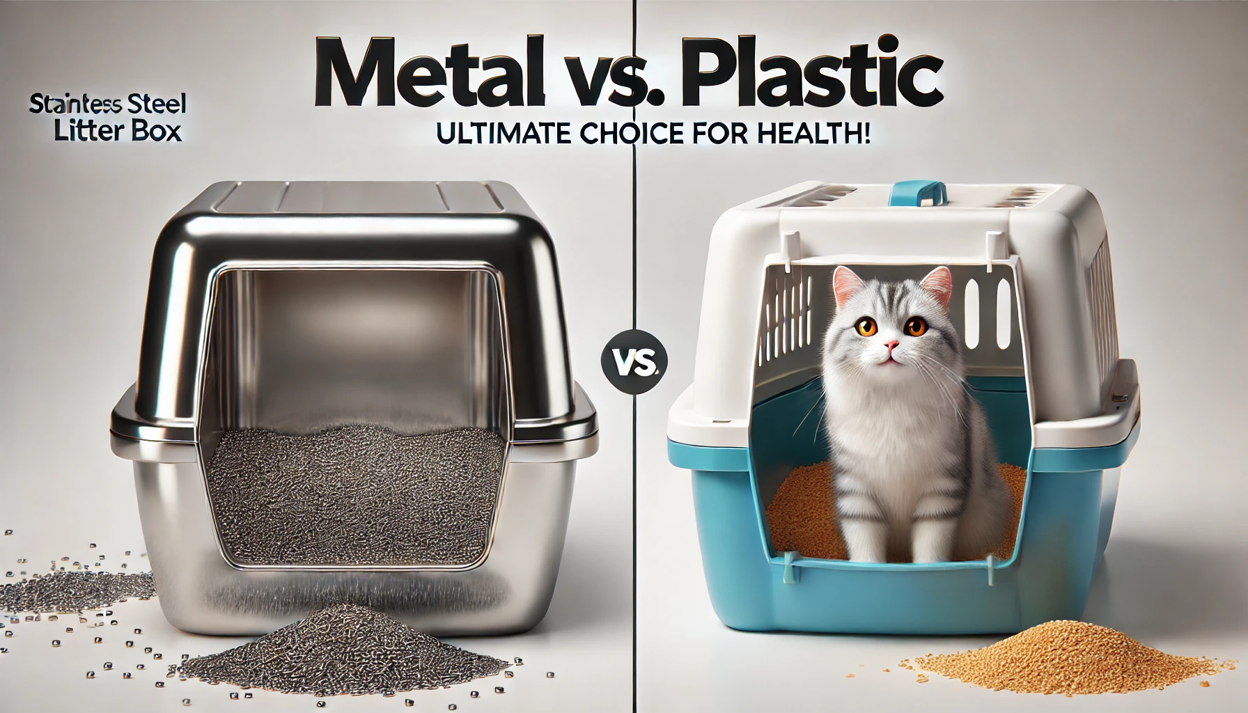 Close-up of metal and plastic cat litter boxes with a cat inspecting them.