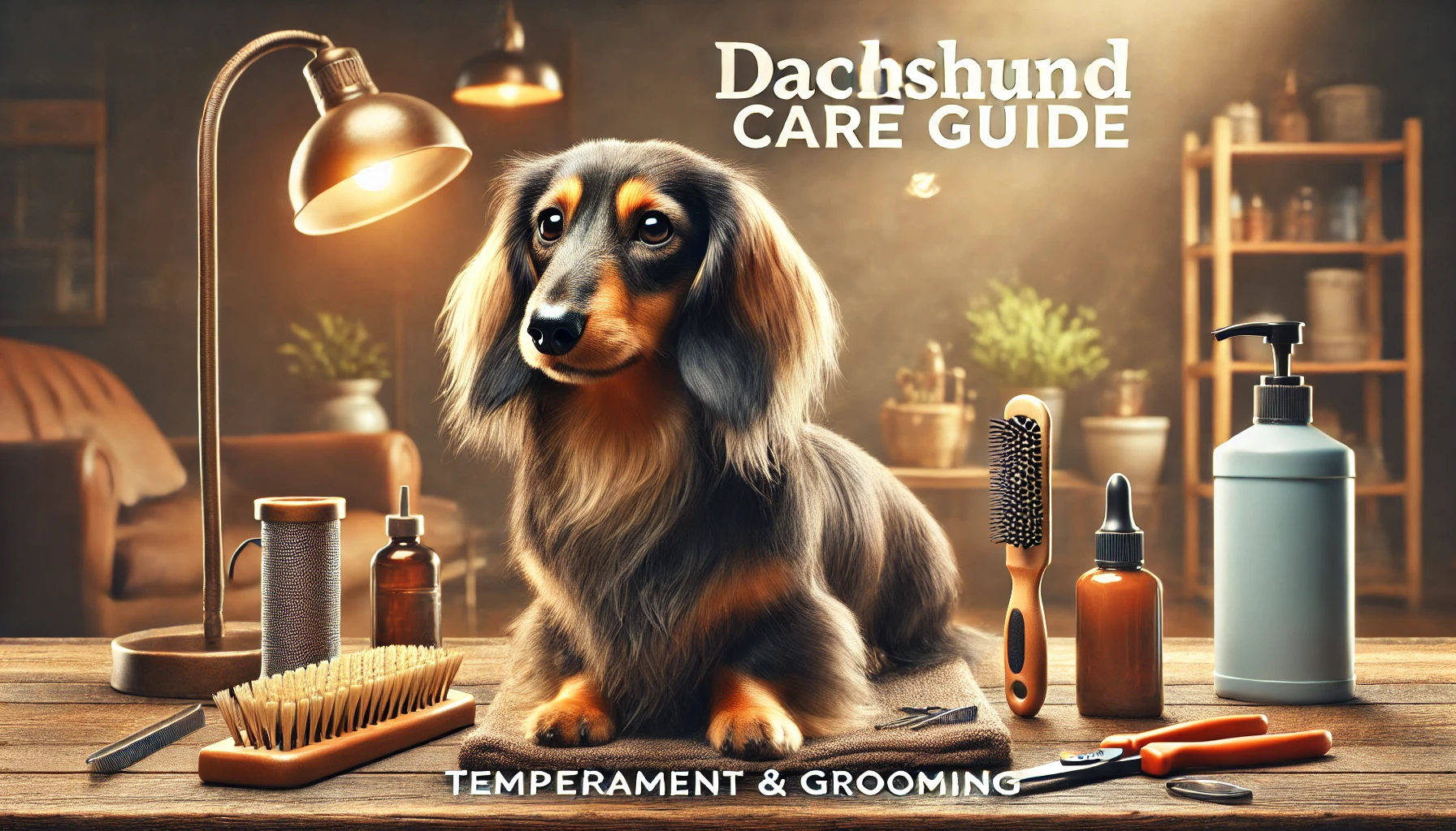 Long haired dachshund with grooming tools on a table, featuring brushes, combs, and care products, in a cozy, warmly lit setting. 'Dachshund Care Guide' and 'Temperament & Grooming' are written above.