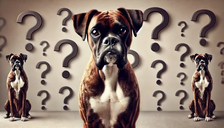 Brindle boxer dog with a curious expression, surrounded by large question marks, suggesting curiosity or questions about the breed.