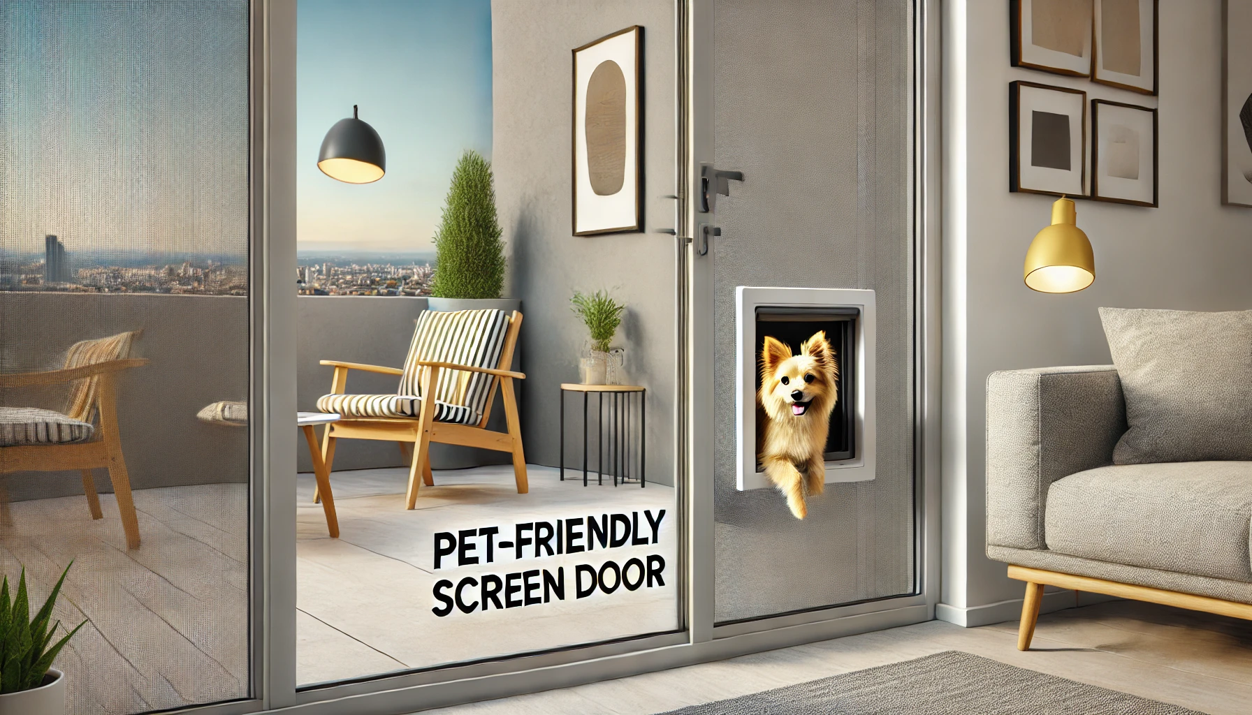 Dog happily using a pet-friendly screen door with built-in dog door for easy outdoor access.