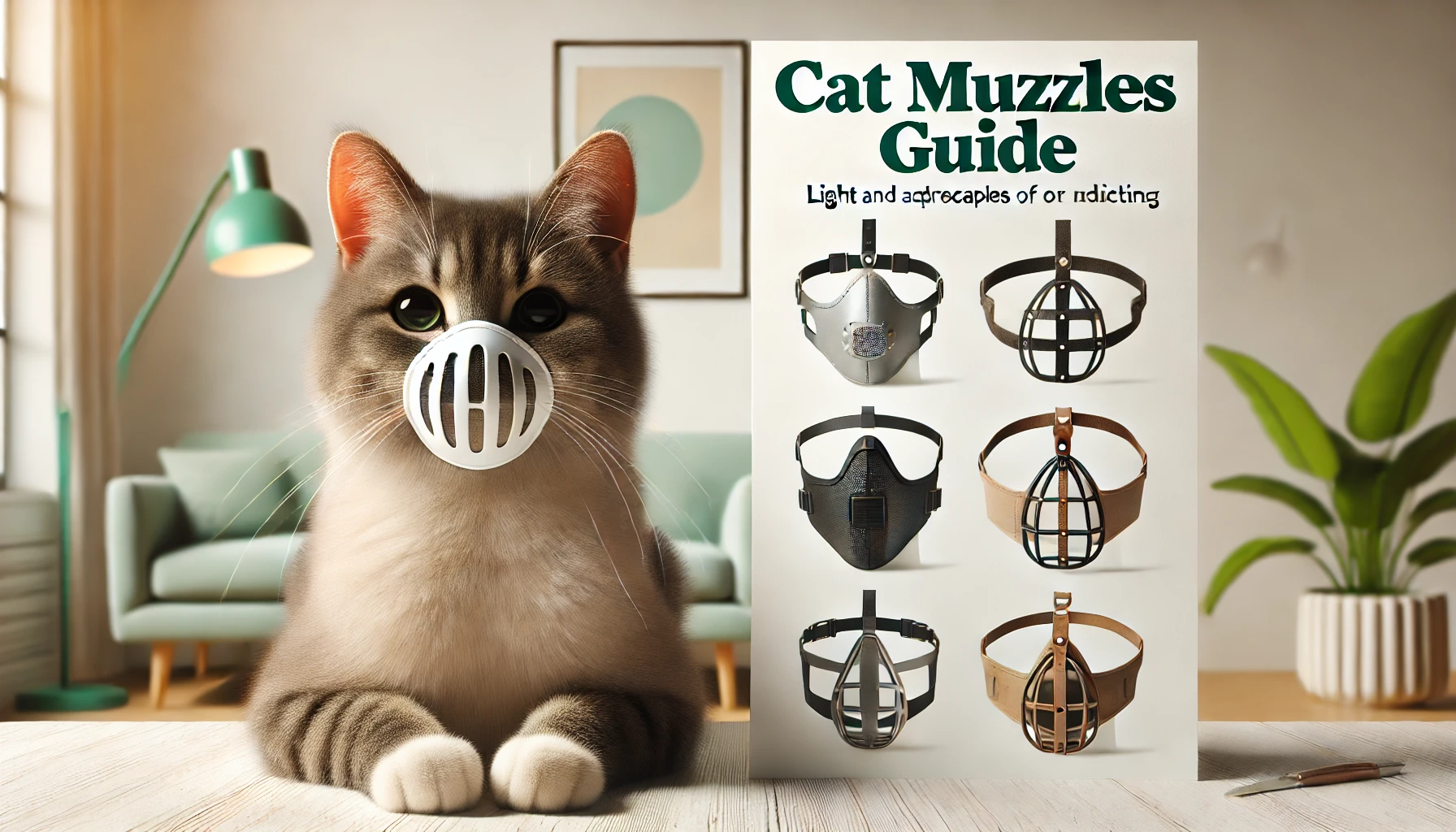 A cat wearing a muzzle, with a "Cat Muzzles Guide" poster beside it showcasing various muzzle designs for feline safety and comfort. The setting is a cozy indoor space with soft lighting and modern decor, featuring a lamp, sofa, and a potted plant in the background.