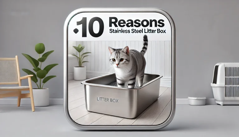 Gray tabby cat standing in a stainless steel cat litter box with modern minimalist decor in the background