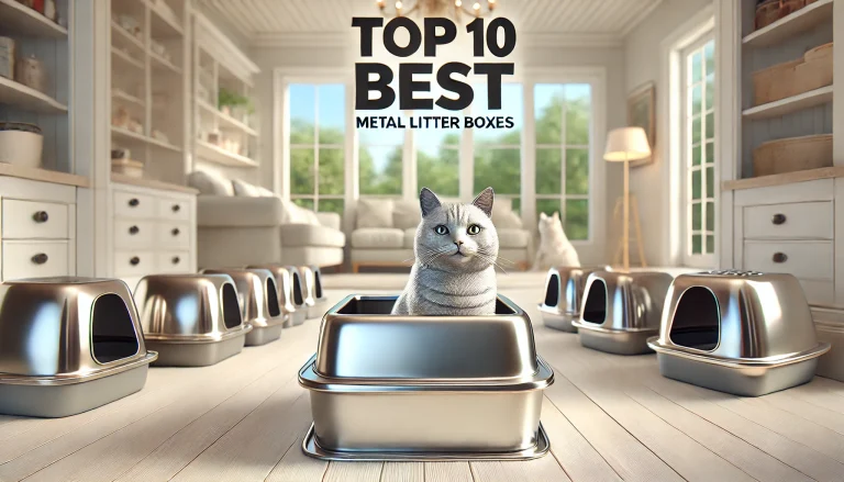 A stylish gray cat sitting in a shiny metal litter box, surrounded by multiple metal litter boxes in a bright, modern living room.