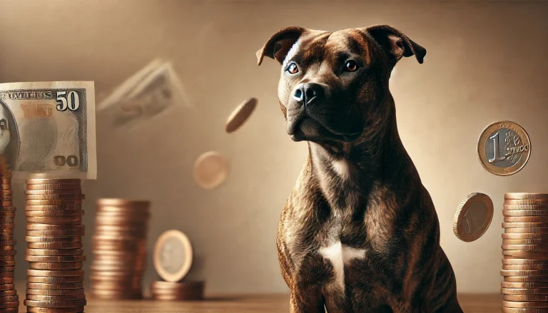 Brindle pitbull sitting with stacks of coins and floating currency, symbolizing the cost and financial considerations of owning a brindle pitbull.