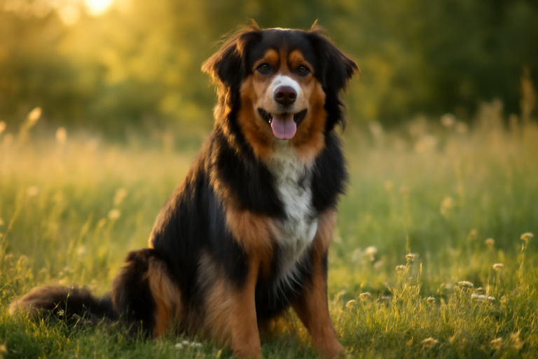 A beautiful adult Bernese Mountain Dog and Golden Retriever mix, known as a Golden Mountain Dog, sitting in a sunny field.