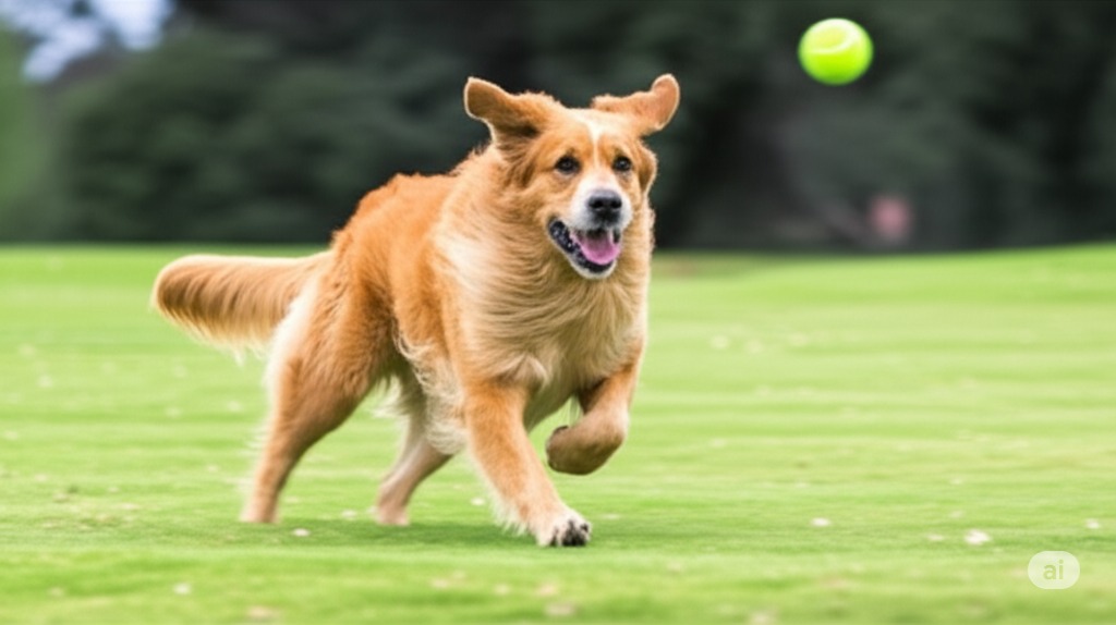 An energetic Golden Mountain Dog getting daily exercise in a park.