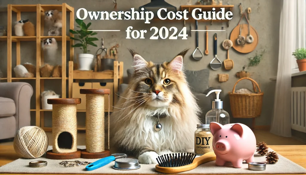 Maine Coon cat sitting with essential grooming tools and pet care items, showcasing an ownership cost guide for 2024.