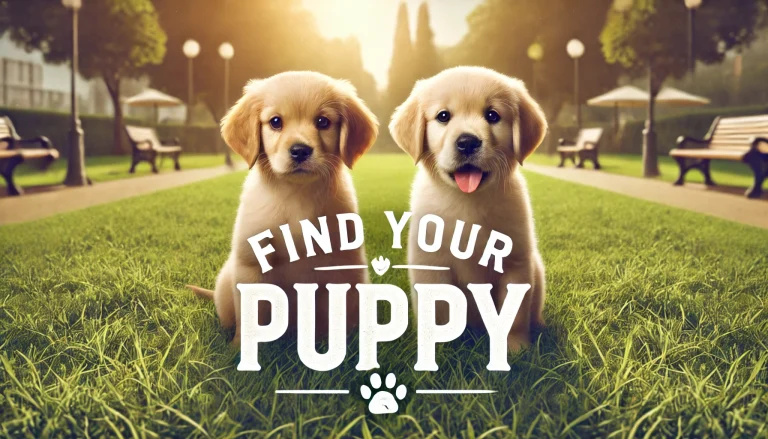 Golden Retriever puppies for sale sitting on grass with "Find Your Puppy" text in a park setting.