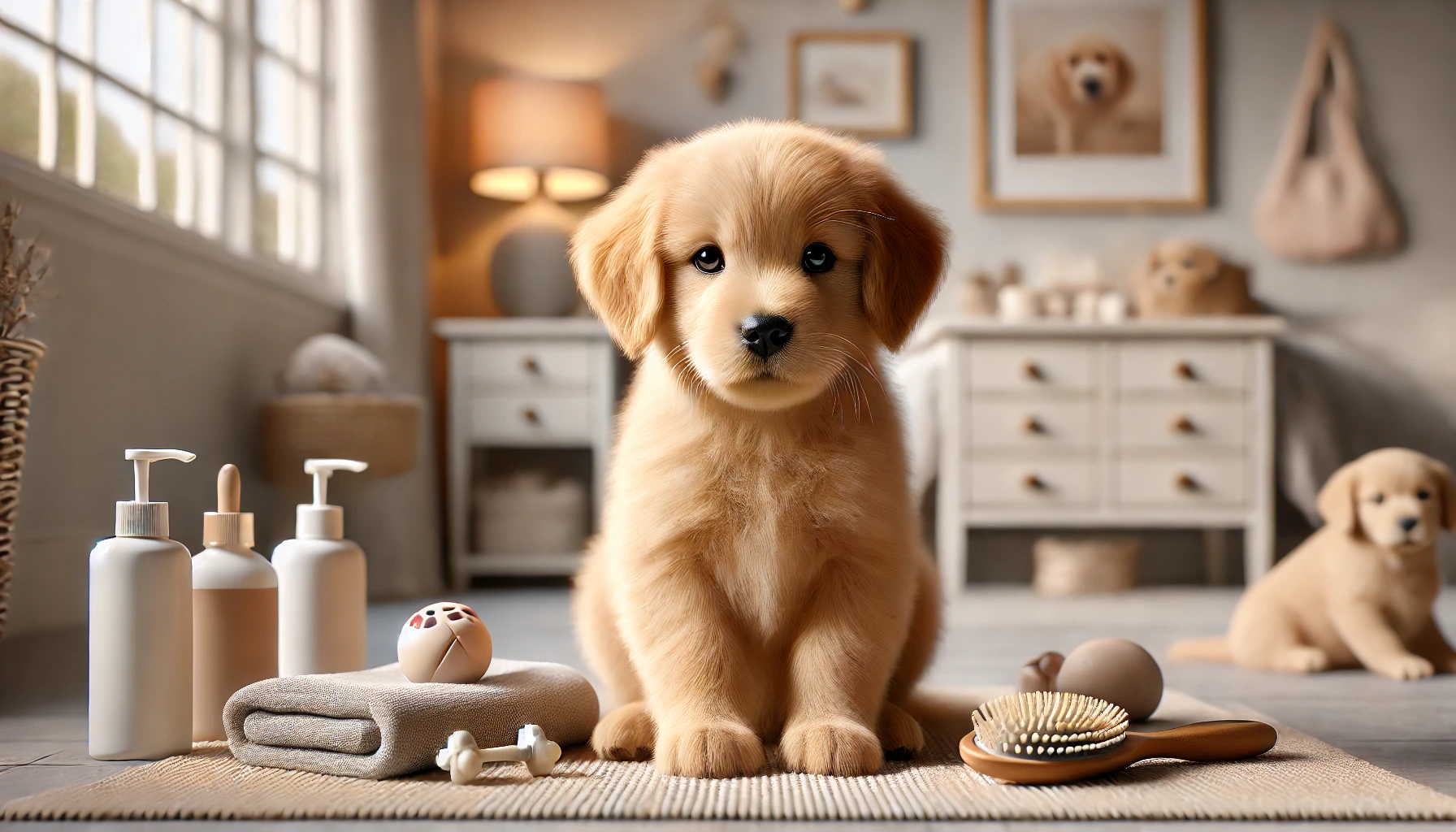 Mini golden retriever puppy in a cozy home setting with grooming supplies, looking directly at the camera, showcasing a warm and friendly environment.