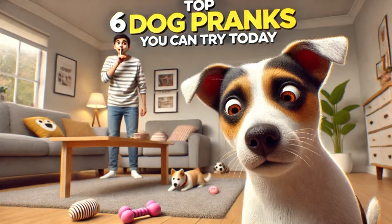 A surprised dog with wide eyes in the foreground, while a person behind them holds a finger to their lips, planning a prank. Toys and another dog are visible in a cozy living room setting. Text reads, "Top 6 Dog Pranks You Can Try Today."