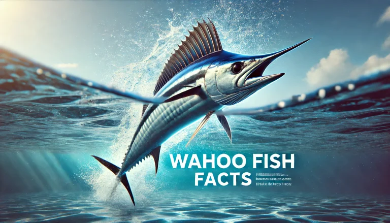 Photorealistic image of a sleek, elongated Wahoo fish leaping out of clear blue ocean water, with sunlight glistening on its metallic scales. The fish showcases its sharp fin and streamlined body, symbolizing speed and power. Text overlay reads 'Wahoo Fish Facts' on the right side against a vibrant water background.