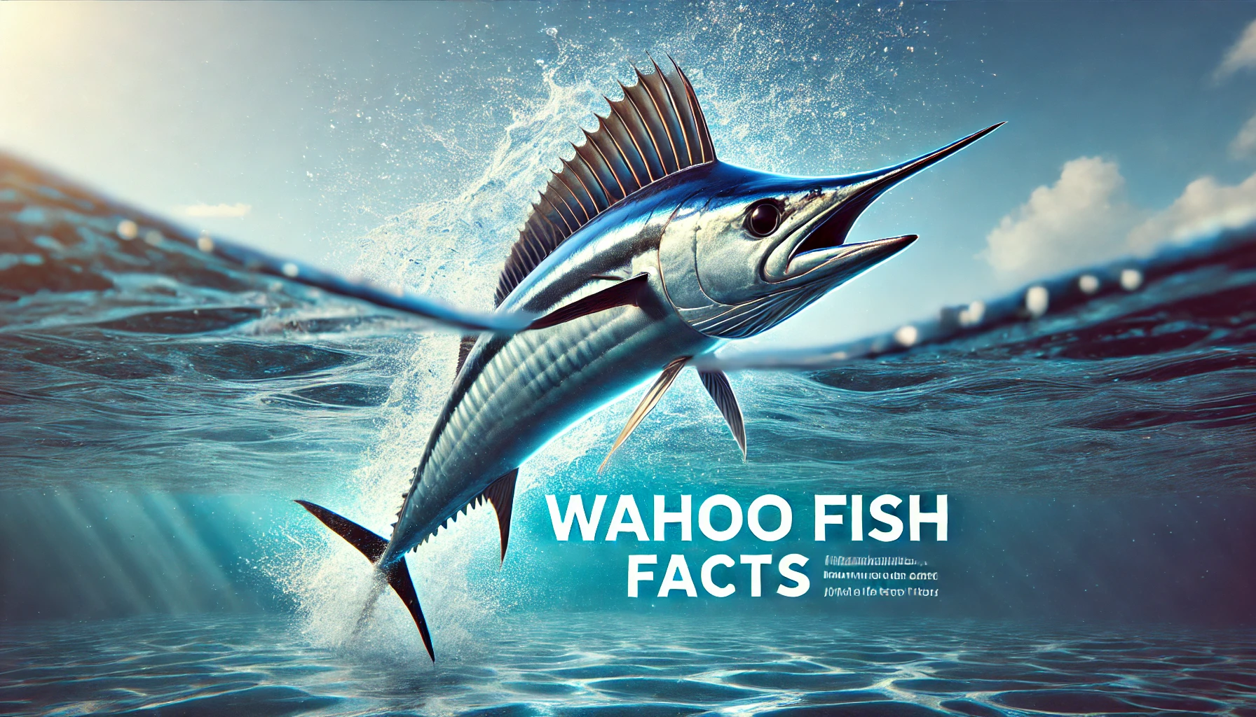 Photorealistic image of a sleek, elongated Wahoo fish leaping out of clear blue ocean water, with sunlight glistening on its metallic scales. The fish showcases its sharp fin and streamlined body, symbolizing speed and power. Text overlay reads 'Wahoo Fish Facts' on the right side against a vibrant water background.