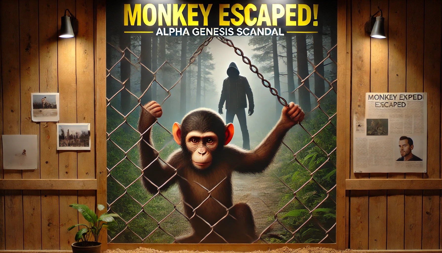 A poster showcasing a dramatic depiction of a monkey holding onto a chain-link fence, symbolizing an escape. The background features a shadowy figure standing in a foggy forest, creating a sense of mystery. The bold headline reads, "Monkey Escaped! Alpha Genesis Scandal," surrounded by wooden walls with pinned photographs and articles, emphasizing the context of the incident.