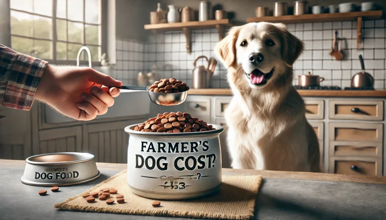 A cheerful golden retriever in a cozy kitchen, eagerly watching as a person scoops fresh dog food labeled "Farmer's Dog Cost?" into a ceramic bowl, emphasizing premium pet nutrition.