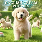 A group of playful English Cream Golden Retriever puppies enjoying a sunny day outdoors in a lush green garden with vibrant flowers and a ball in the grass.