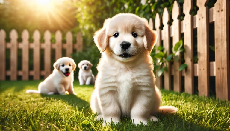 A group of playful English Cream Golden Retriever puppies enjoying a sunny day outdoors in a lush green garden with vibrant flowers and a ball in the grass.