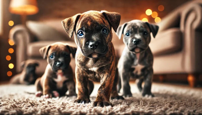 A group of brindle Pitbull puppies playing together in a cozy home environment with warm lighting. The puppies have distinctive coat patterns and are captured in a playful moment, creating an inviting and heartwarming atmosphere.