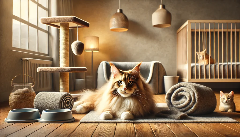 Maine Coon cat lounging in a cozy, well-furnished room with a cat tree, bowls, and blankets, accompanied by two kittens in a serene, cat-friendly environment.