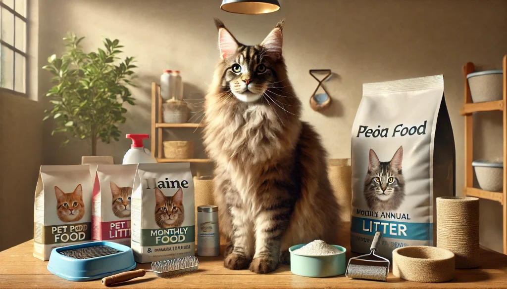 Maine Coon cat surrounded by essential supplies like food, litter, and grooming tools, highlighting the items needed for its care and maintenance.