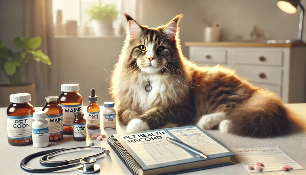 Maine Coon cat sitting beside health supplements, medications, and a pet health record, emphasizing the importance of regular veterinary care and health management.